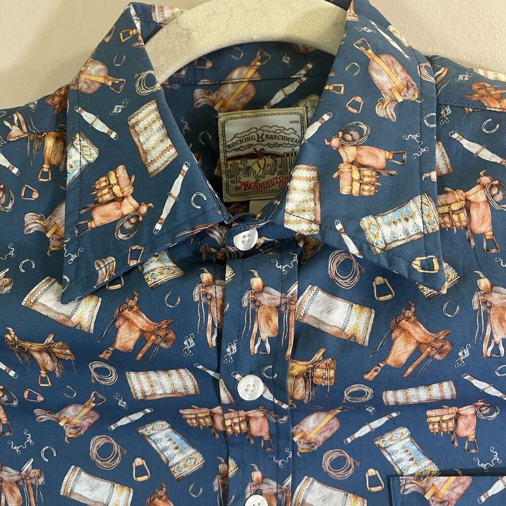 Rocking K Ranchwear Shirt Men Large Equestrian Print Saddles and Tackle Blue